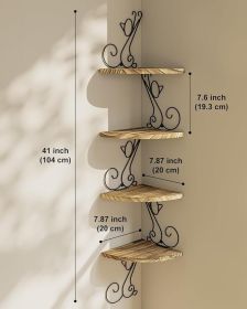 Wall Mount Corner Shelves 4 Tier Floating Corner Storage Wood Shelves Decorative Rustic Radial Shelf in Cat Shape Carbonized Black