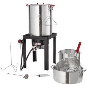 Turkey Deep Fryer, 30-qt Turkey & 10-qt Fish Steamer Cooker Set, Outdoor Aluminum Seafood Frying Pot, 54,000 BTU Burner Propane Gas Boiler