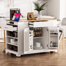 Fluted Kitchen Island with Trash Can Storage Cabinet, Power Outlet, Internal Storage Rack, Rolling Kitchen Islands on 5 Wheels with 3 Drawer (Material: MDF,Rubber Wood, Color: White)